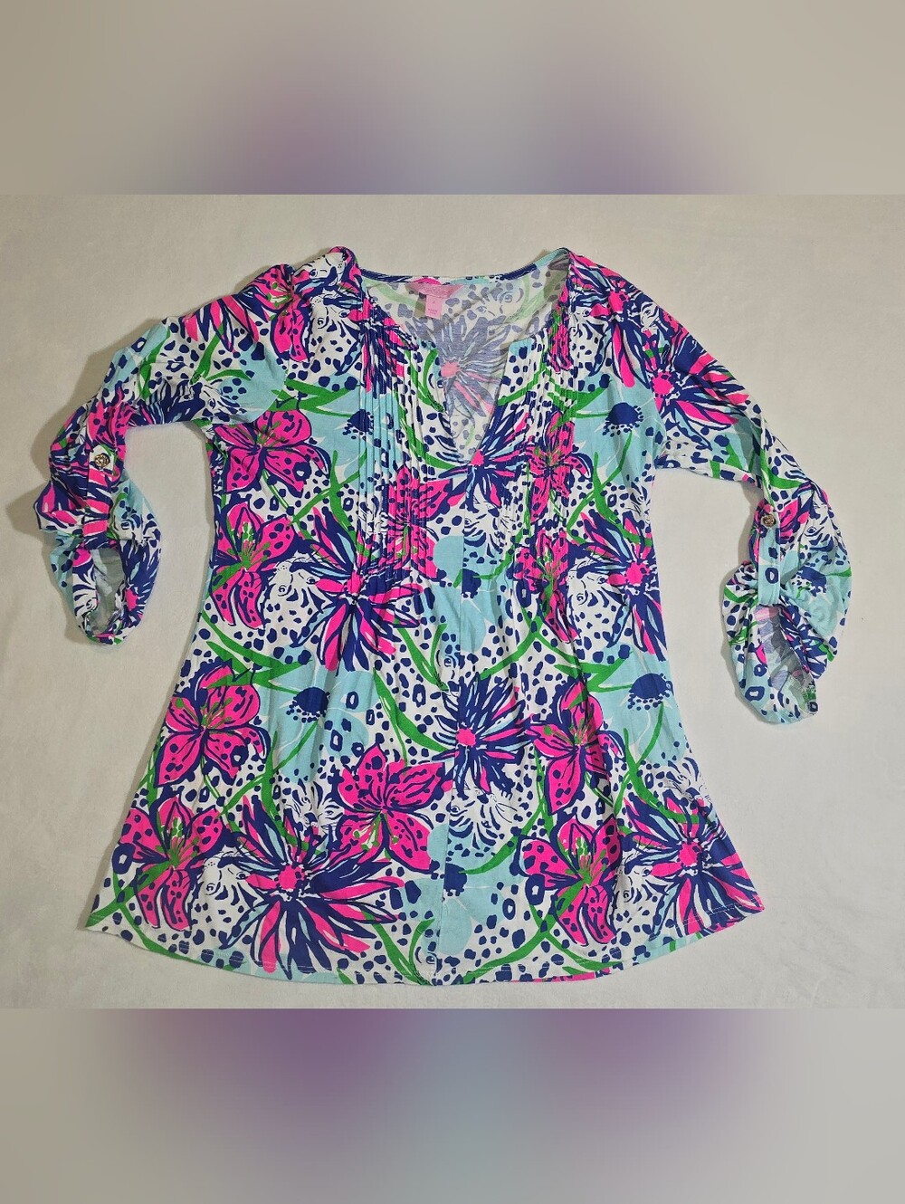 Lilly Pulitzer Dorothy Tunic In The Villas Blue Pink Floral Leopard Pima Cotton